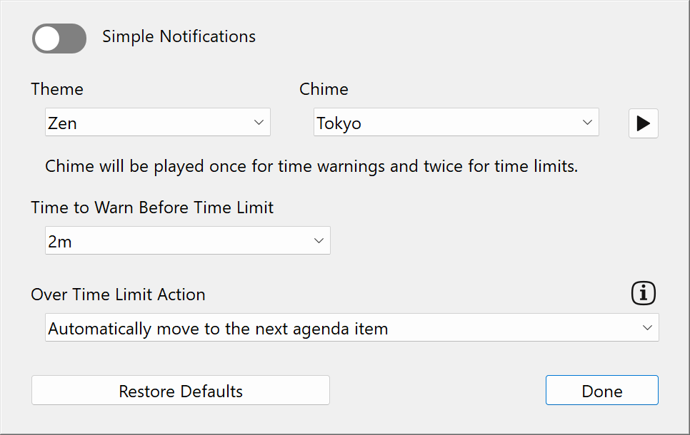 Summit Time Settings Simple Notifications Dialog
